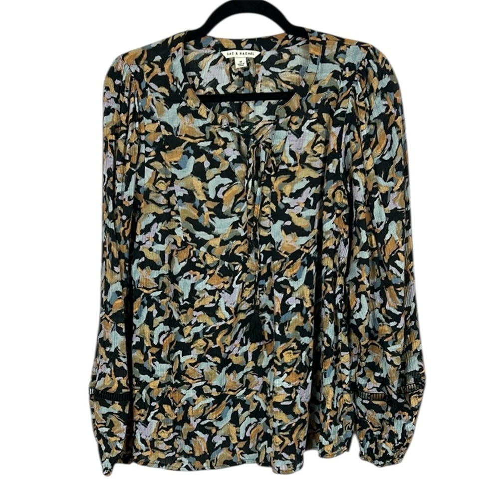 Zac & Rachel Graphic Black Yellow Gold and Blue Long Sleeve Blouse Size Medium